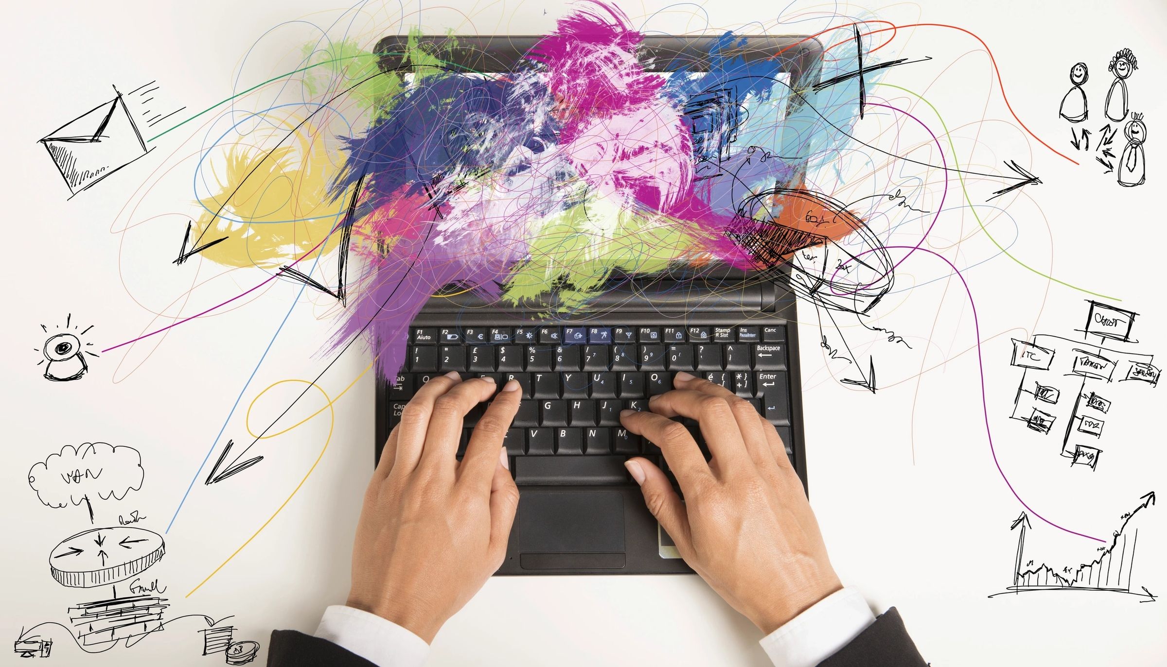 A laptop with artwork coming out of the screen